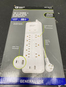 Commercial electric YLPT-131 12 ft. Braided Cord 8-Outlet Surge Protector with USB, White