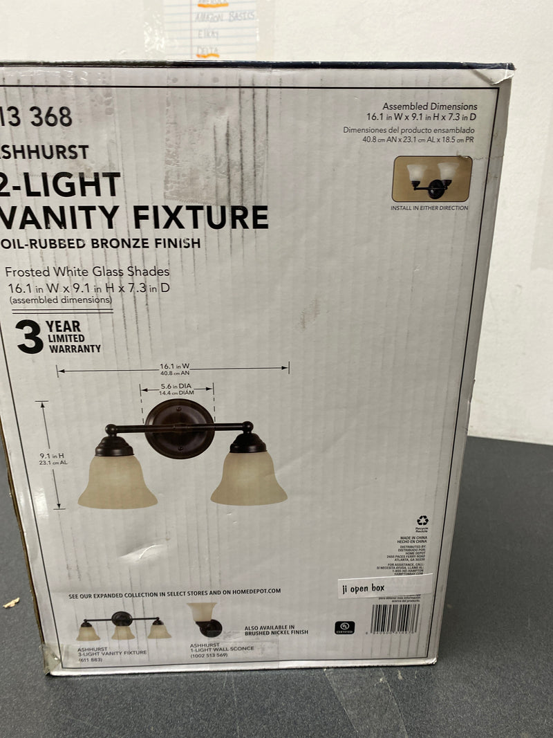 Hampton bay EGM1392A-3/ORB Ashhurst 2-Light Oil Rubbed Bronze Vanity Light with Frosted Glass Shades