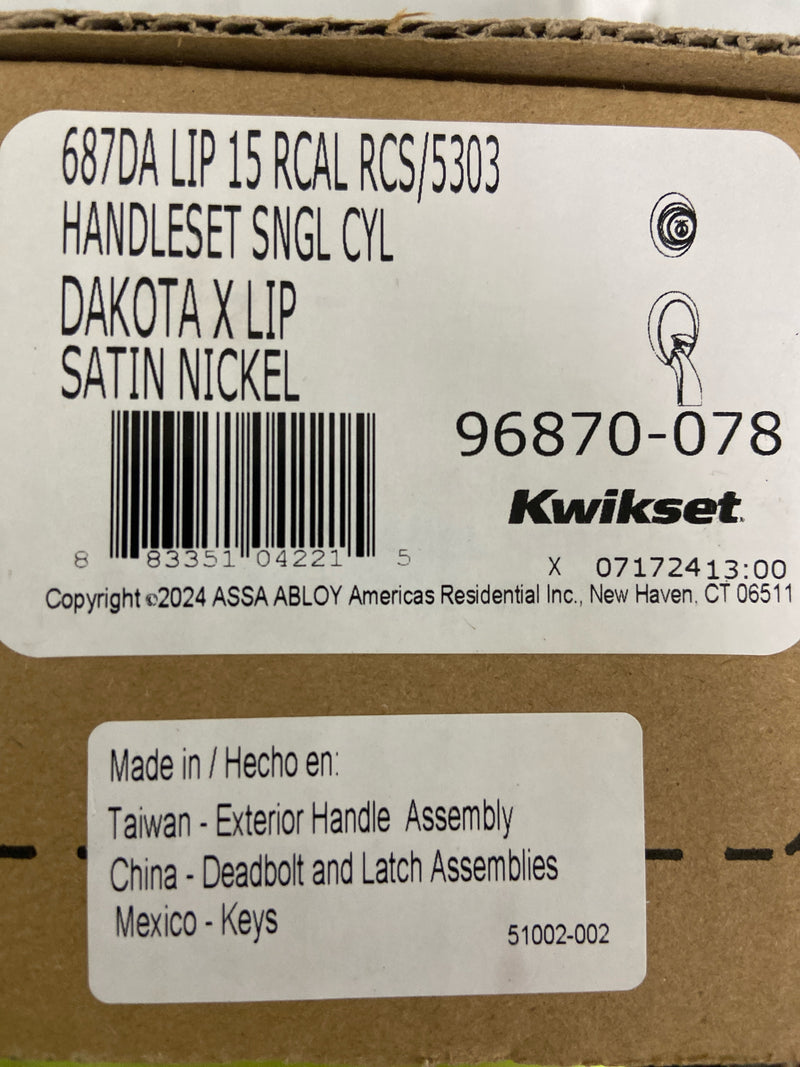 Kwikset 687DALIP-15.DS Dakota Single Cylinder Handleset from the Kwikset Series, Exterior Only - Satin Nickel