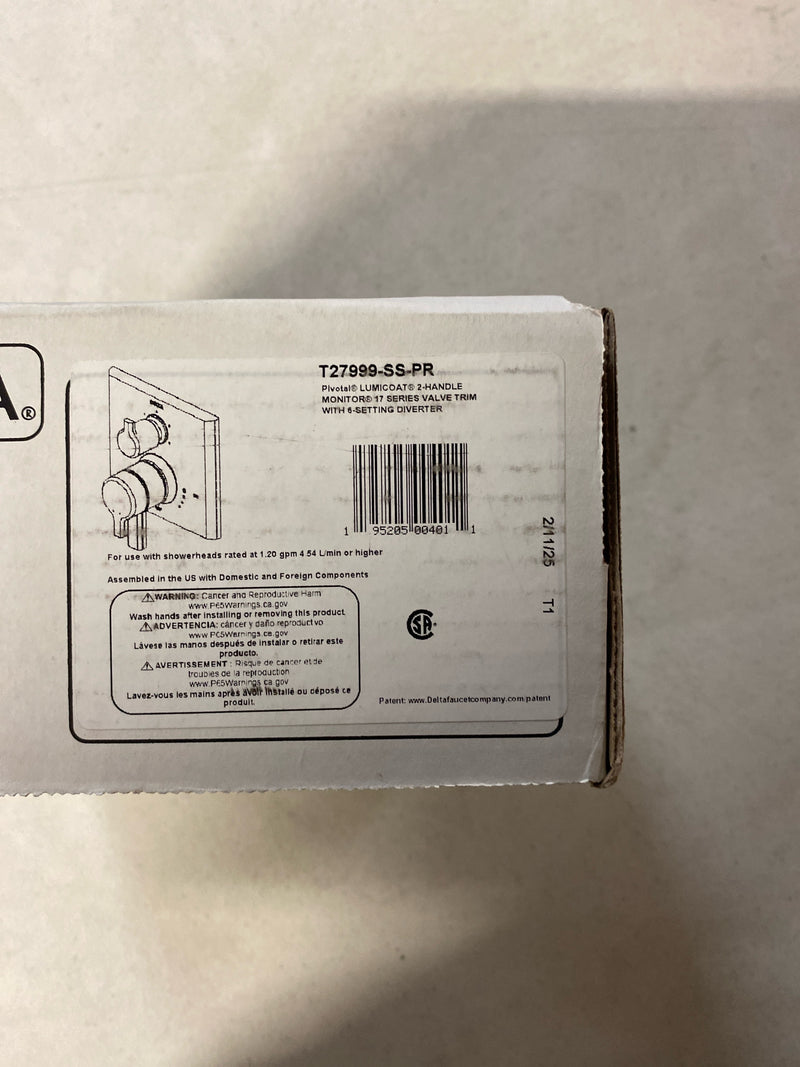 Delta T27999-SS-PR Pivotal 17 Series Pressure Balanced Valve Trim with Integrated Volume Control and 6 Function Diverter for Three Shower Applications - Less Rough-In - Lumicoat Stainless