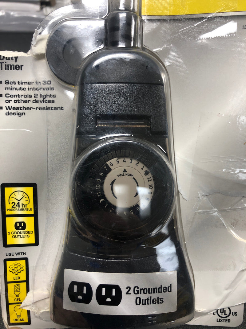 Defiant 49827DI 15 Amp 24-Hour Outdoor Plug-In Mechanical Timer with 2-Grounded Outlets, Black