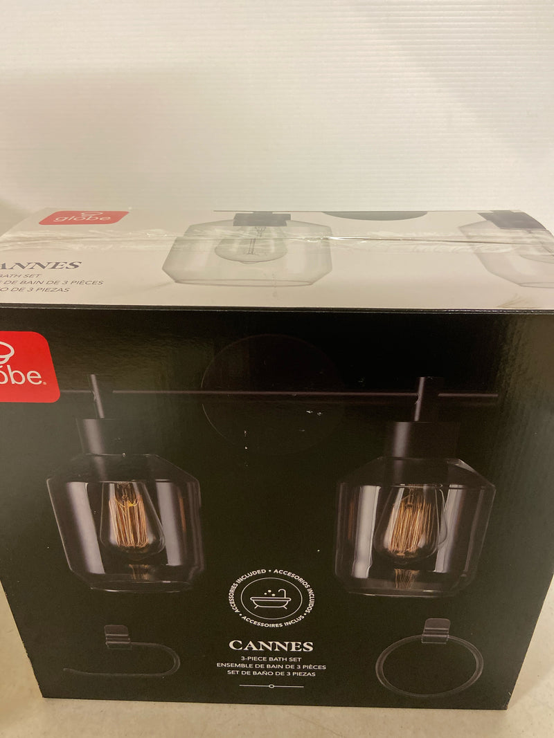 GLOBE Electric 51850 Cannes 3-Piece Powder Room Set, Matte Black, 2-Light Vanity Light with Clear Glass Shades, Toilet Paper Holder, Towel Ring, Bulb Not Included