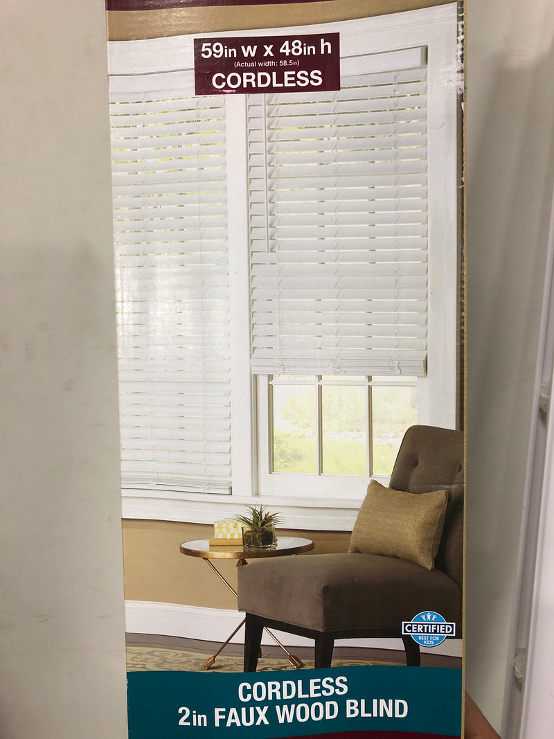 Home decorators collection 10793478184613 White Cordless Faux Wood Blinds for Windows with 2 in. Slats - 59 in. W x 48 in. L (Actual Size 58.5 in. W x 48 in. L)