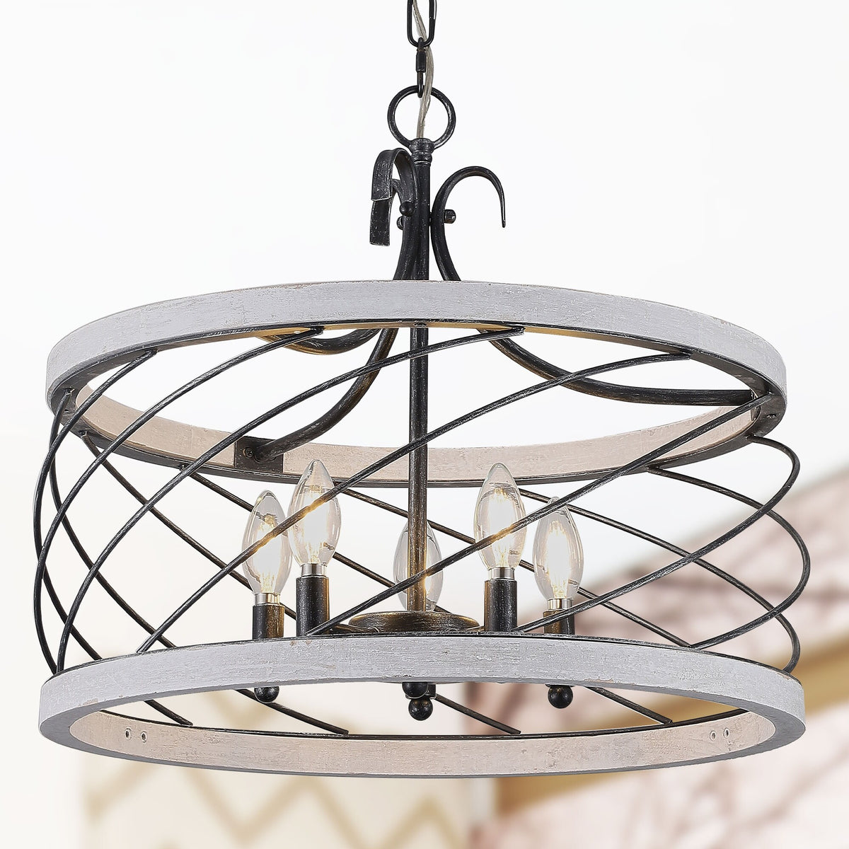 FC4071-H Oaks Aura Bryant Rustic 5-Light Weathered Wood Farmhouse Drum Chandelier, Adjustable Height Caged Chandelier for Dining Room