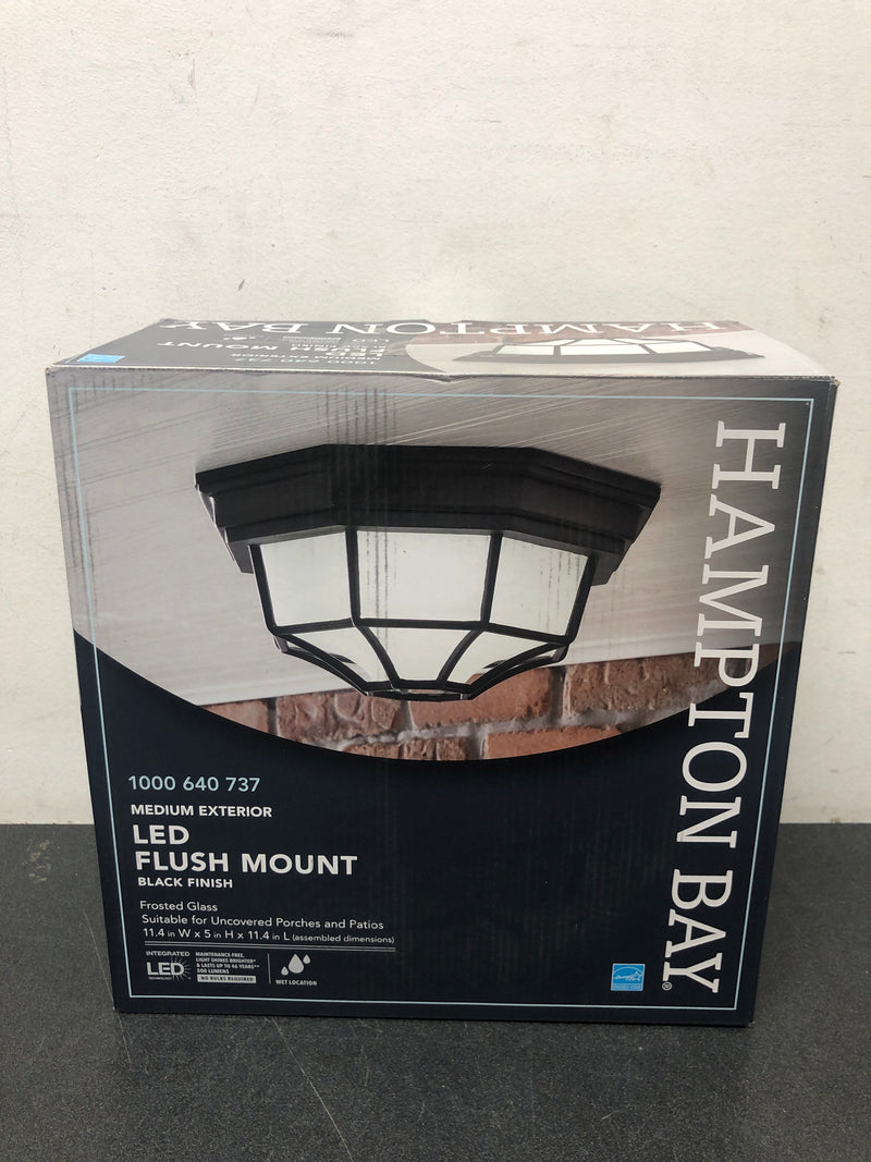 Hampton bay HB7072LED-05 Hampton Bay 10.5 in. 1 Light Black Outdoor Weather Resistant Integrated LED Flush Mount with Frosted Glass Shade