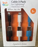 NEW Tech & Go 3 pack FAST Charging Cable 3ft iPhone iPad iPod Signature Series