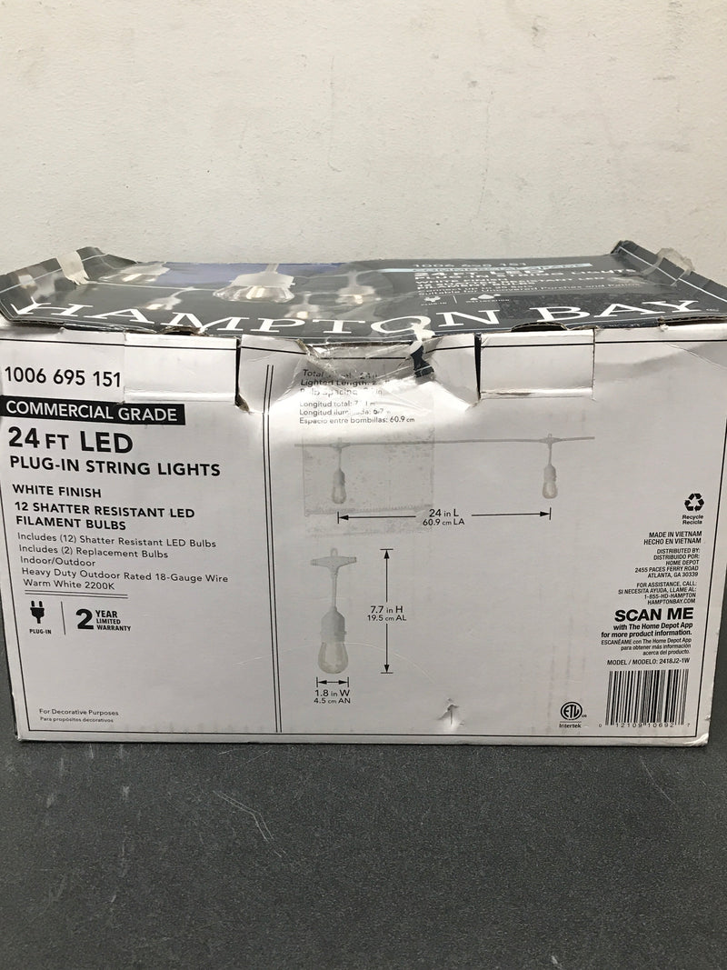 Hampton bay 2418J2-1W 12-Light 24 ft. Indoor/Outdoor Plug-In Edison Bulb String Light with S14 Single Filament LED Bulbs in White Cord