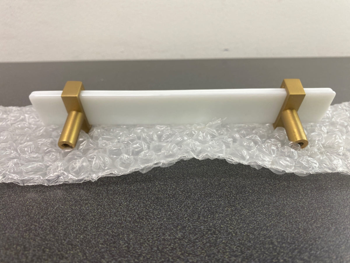 Sietto P-1901-9-SB Adjustable Center to Center 9 Inch Long Handle Cabinet Pull with White Glass - Satin Brass