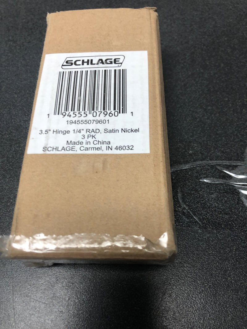 Schlage S3P1012FRP619 Pack of Three 3.5" x 3.5" Plain Bearing 1/4" Radius Corner Mortise Hinges - Satin Nickel