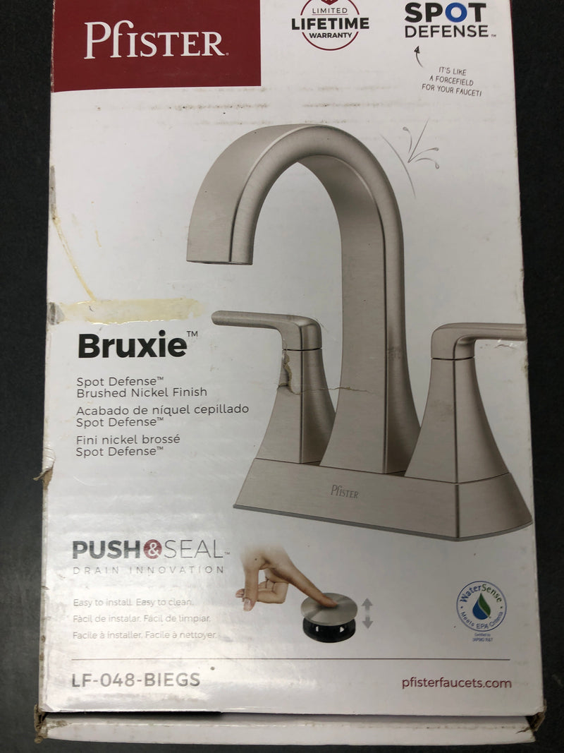 Pfister LF-048-BIEGS Bruxie 1.2 GPM Centerset Bathroom Faucet with TiteSeal Mounting and Spot Defense Technologies – Includes Push & Seal Drain Assembly - Spot Defense Brushed Nickel