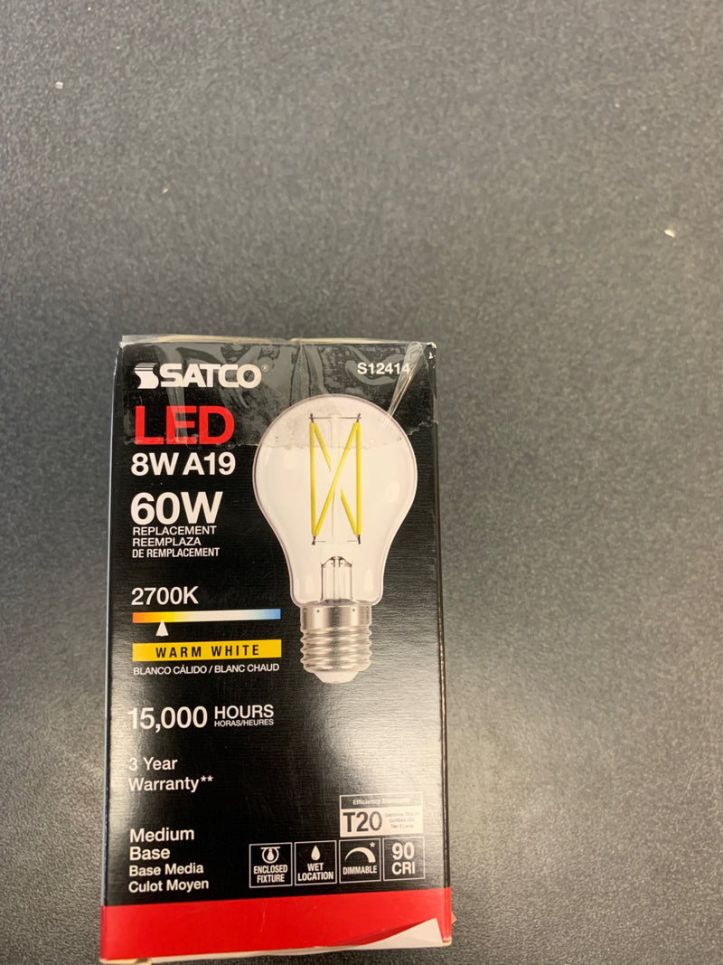 Satco Lighting S12414 Single 8 Watt Medium Base A19 LED Bulb - 2700K - Clear