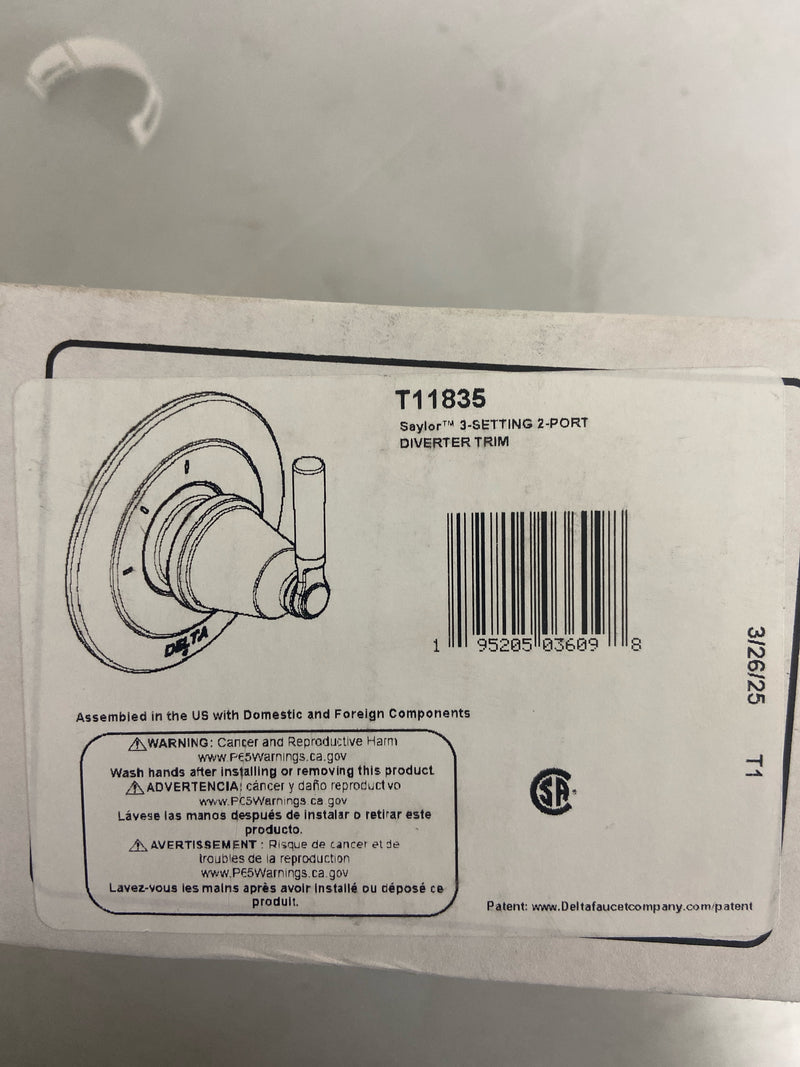 Delta T11835 Saylor Three Function Diverter Valve Trim Less Rough-In Valve - Two Independent Positions, One Shared Position - Chrome