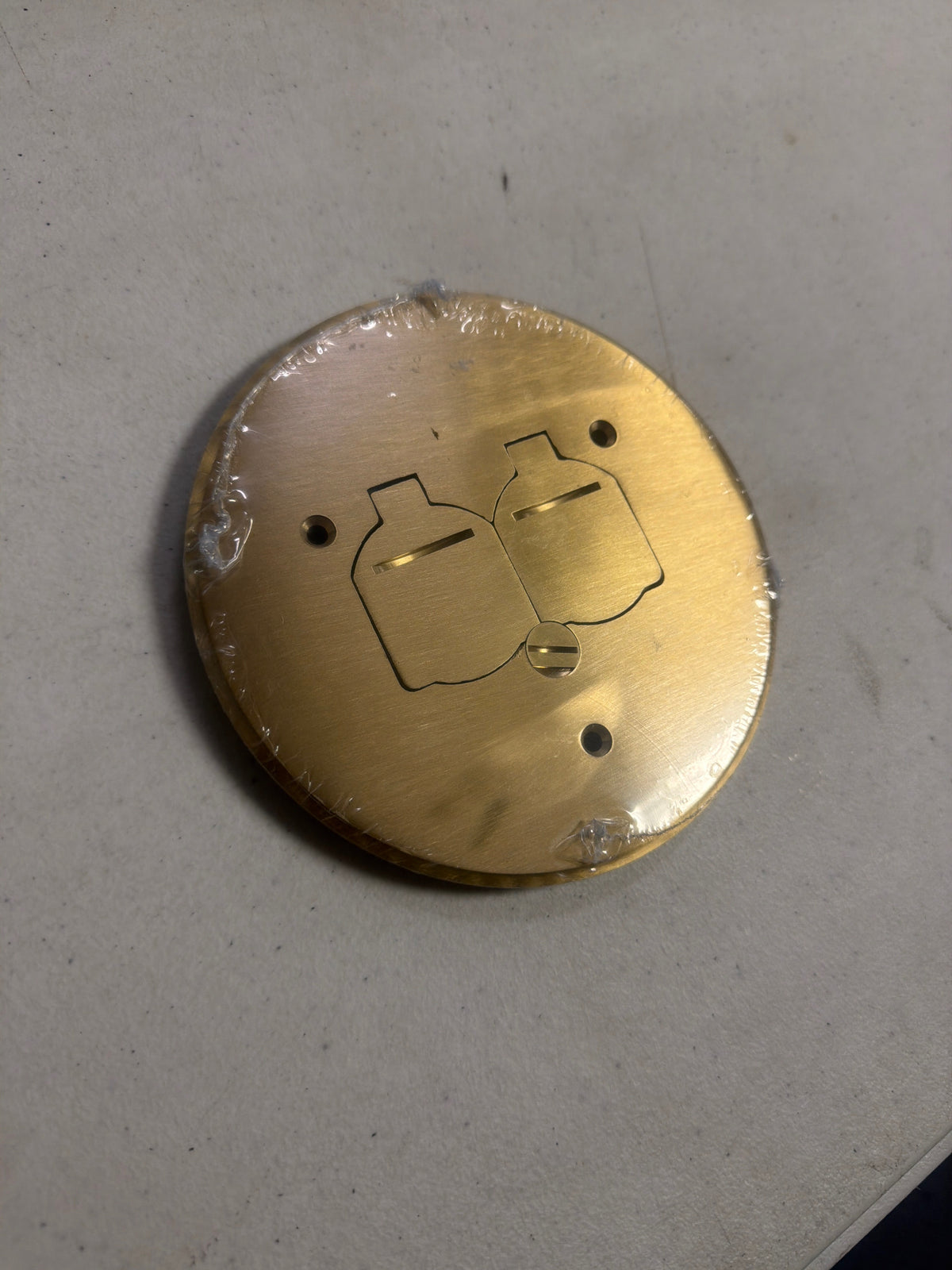 Newhouse electric 8150BR Low-Profile Round Floor Box Outlet Cover with 15A TR Duplex Receptacle and 2 Lift Lids, Brass