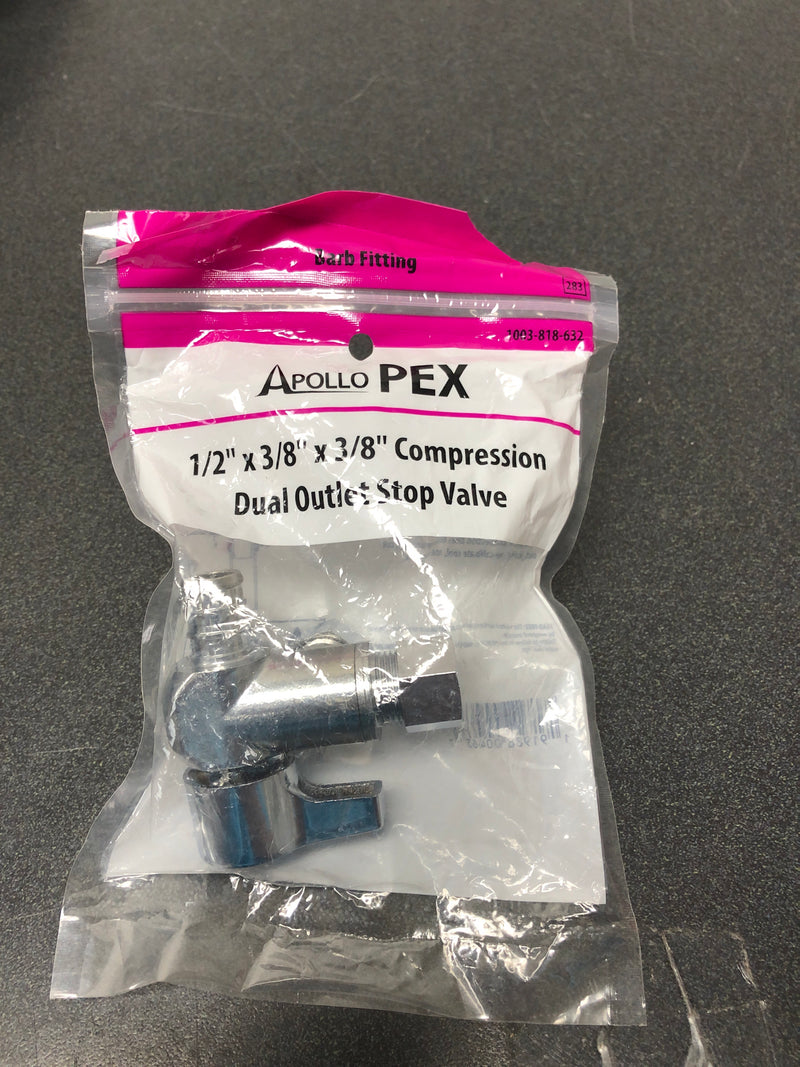 Apollo APXVA123838C 1/2 in. Chrome-Plated Brass PEX-B Barb x 3/8 in. Compression Dual Outlet Quarter-Turn Angle Stop Valve