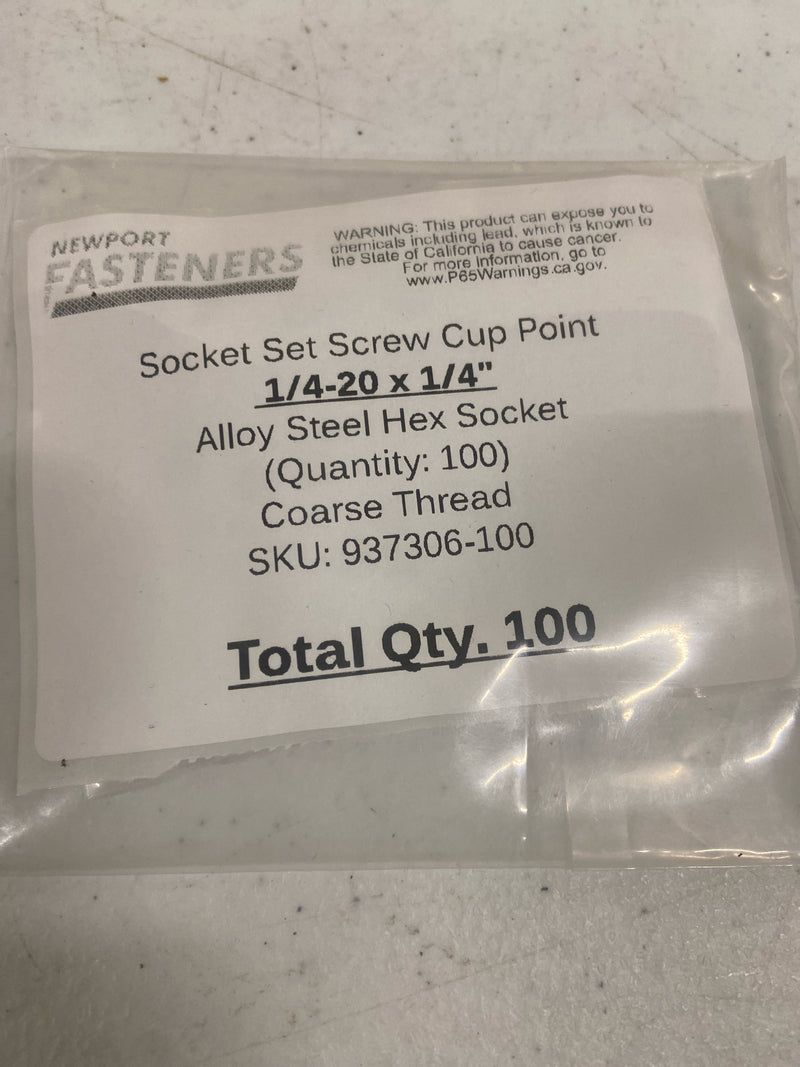 Newport Fasteners Socket Set Screw, Cup Point, 1/4-20 x 1/4", Alloy Steel, Zinc, Hex Socket , 100PK