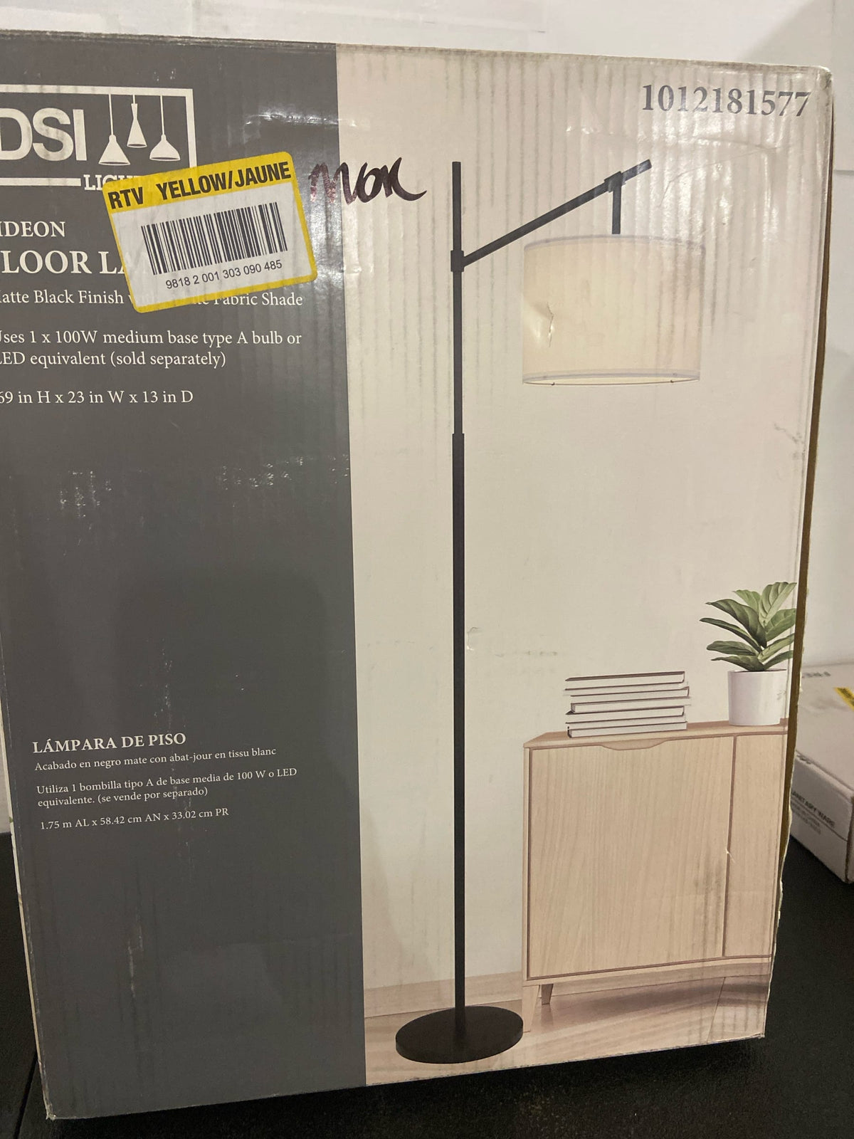 Dsi lighting HD39202A Gideon 69 in. Matte Black 1-Light Standard Floor Lamp with White Fabric Drum Shade and Adjustable Socket
