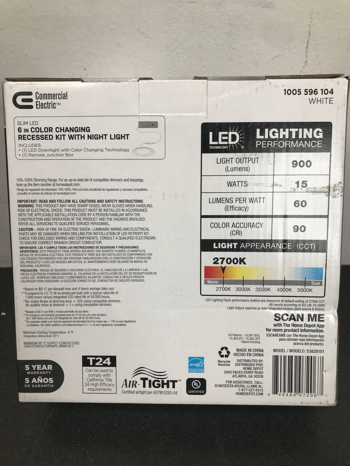 Commercial electric 53828101 6 in. Canless Adjustable CCT Integrated LED Recessed Light Trim with Night Light 900 Lumens New Construction Remodel