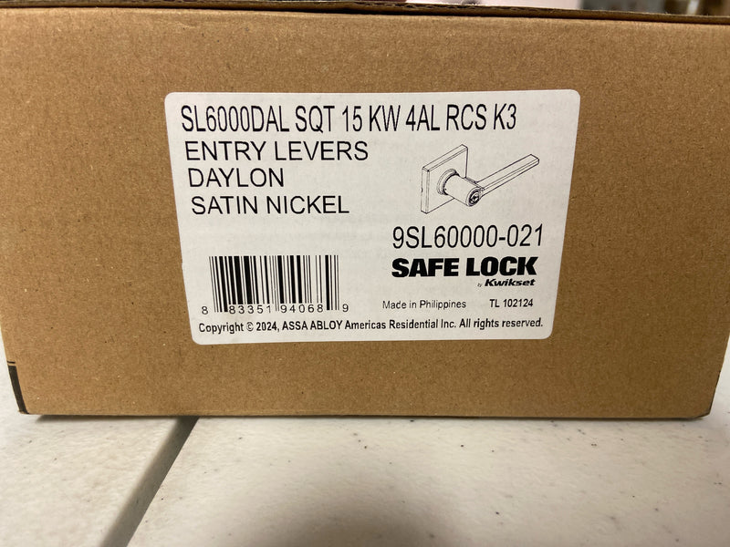 Kwikset SL6000DALSQT-15 Safelock Daylon Single Cylinder Keyed Entry Door Lever Set with Square Rose - Satin Nickel
