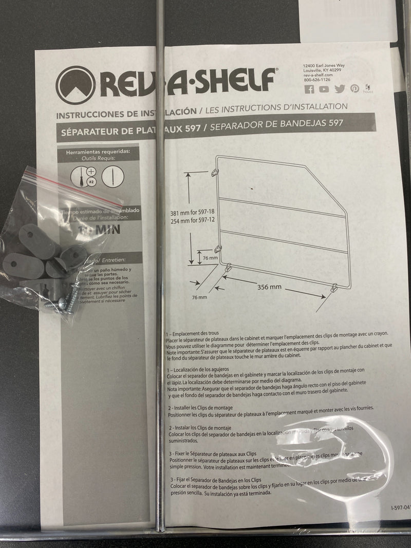 Rev-A-Shelf 597-18CR-52 597 Series 18 Inch Tray Divider with Mounting Clips - Chrome