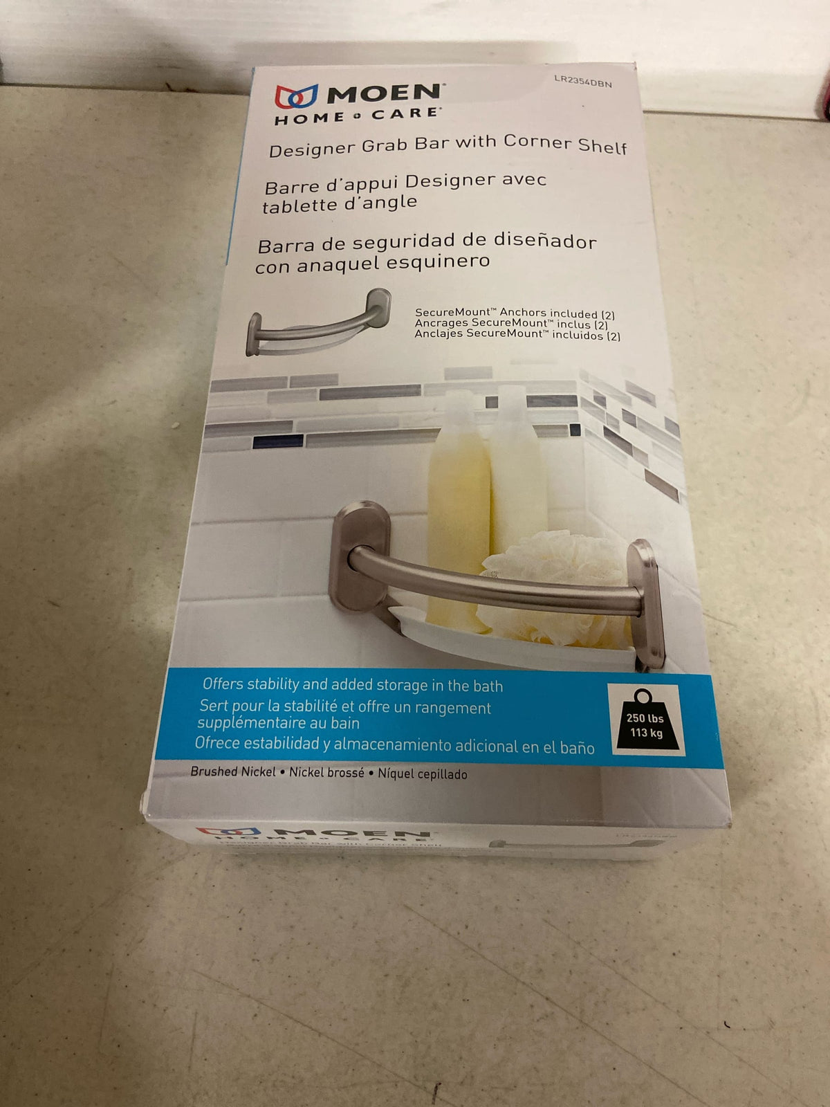 Moen LR2354DBN Home Care 9 in. x 1 in. Screw Grab Bar with Corner Shelf in Brushed Nickel
