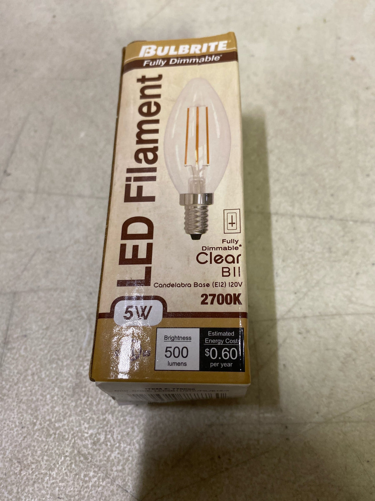 Bulbrite 776626, High Lumen Higher Equivalency, 5 Watt Clear B11 LED Filament Light Bulb, E12 Candelabra Base, 2700K 500 Lumens, LED5B11/27K/FIL/E12/3