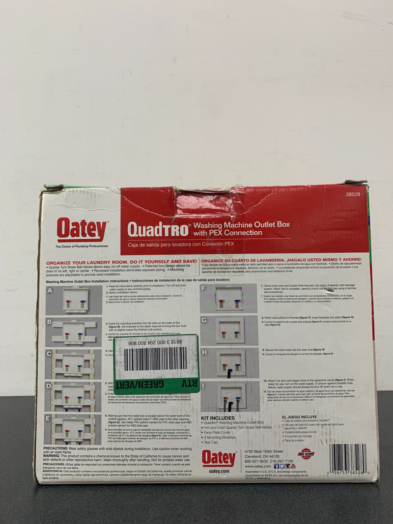 Oatey 38528 Quadtro 1/2 in. x 1/2 in. PEX Compatible Washing Machine Outlet Box with 1/4 Turn Valves