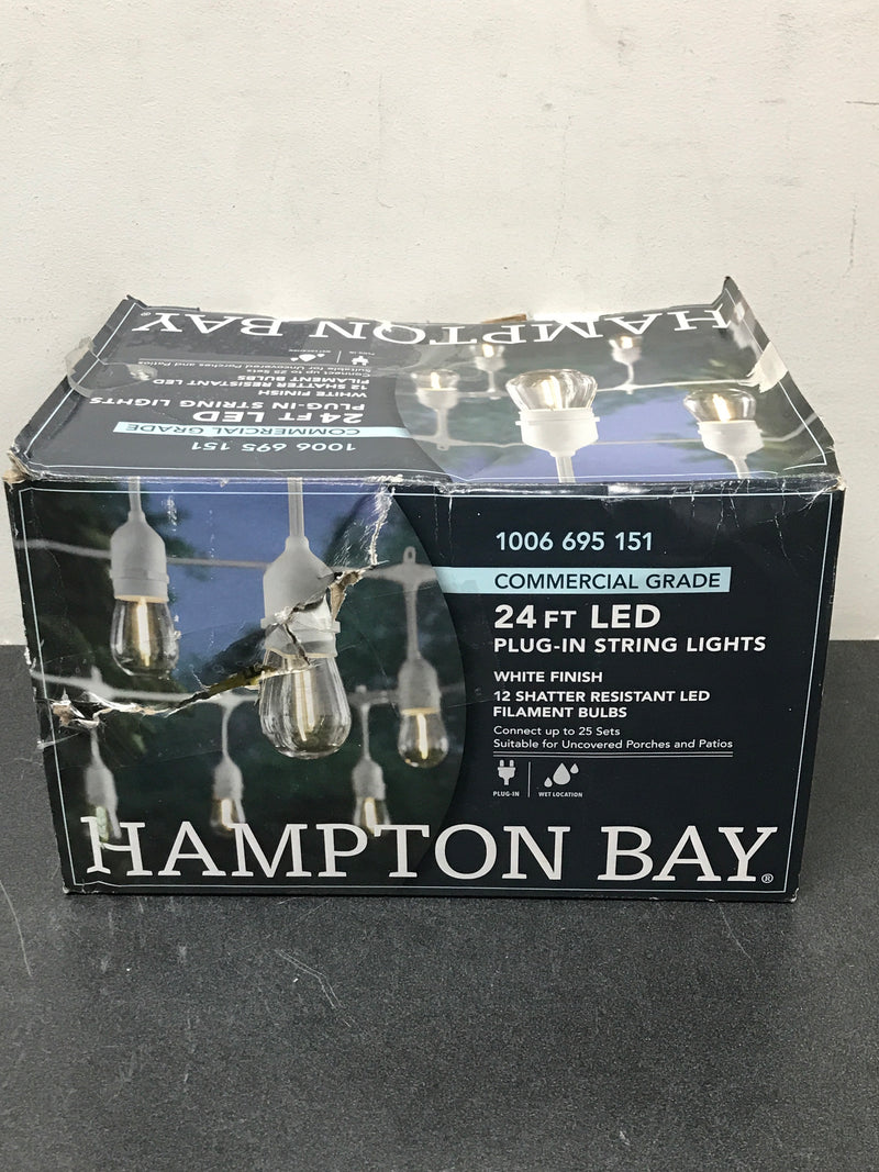 Hampton bay 2418J2-1W 12-Light 24 ft. Indoor/Outdoor Plug-In Edison Bulb String Light with S14 Single Filament LED Bulbs in White Cord
