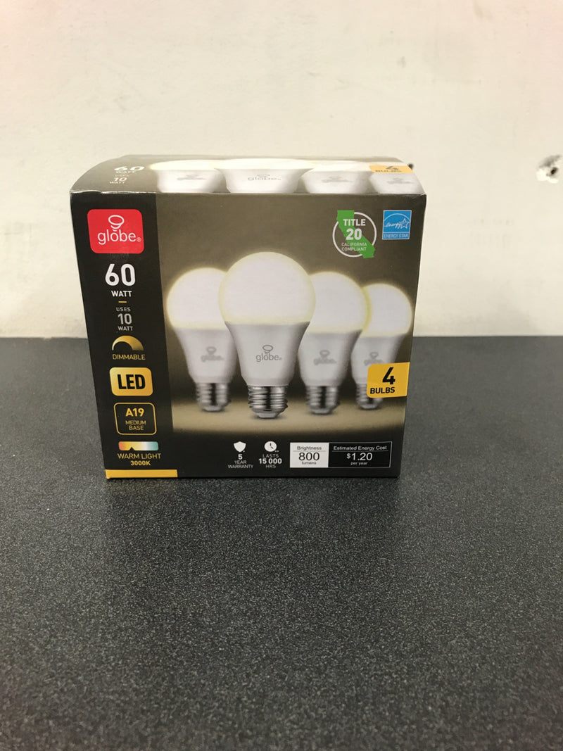 Globe Electric Pack of (4) Globe Electric Energy Star 10 Watt Dimmable A19 Medium (E26) LED Bulb - 800 Lumens, 3000K, 5000K, and 82CRI
