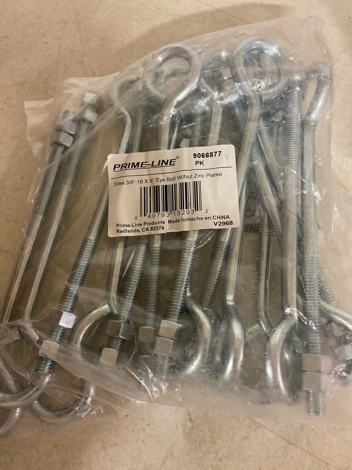 Prime-Line Eye Bolts With Nuts 3/8in-16 X 8in Zinc Plated Steel 20PK