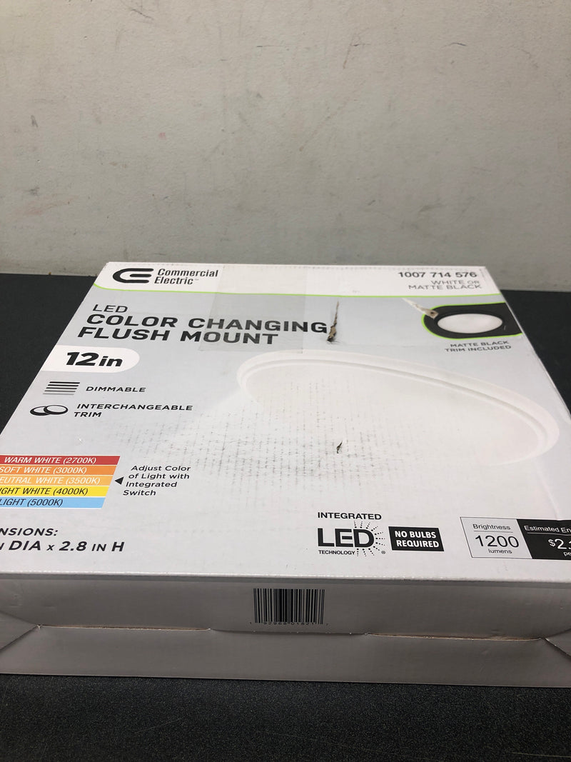 Commercial electric CA8aA018ER125WB 12 in. Light White and Matte Black Adjustable CCT Integrated LED Flush Mount with Interchangeable Trim