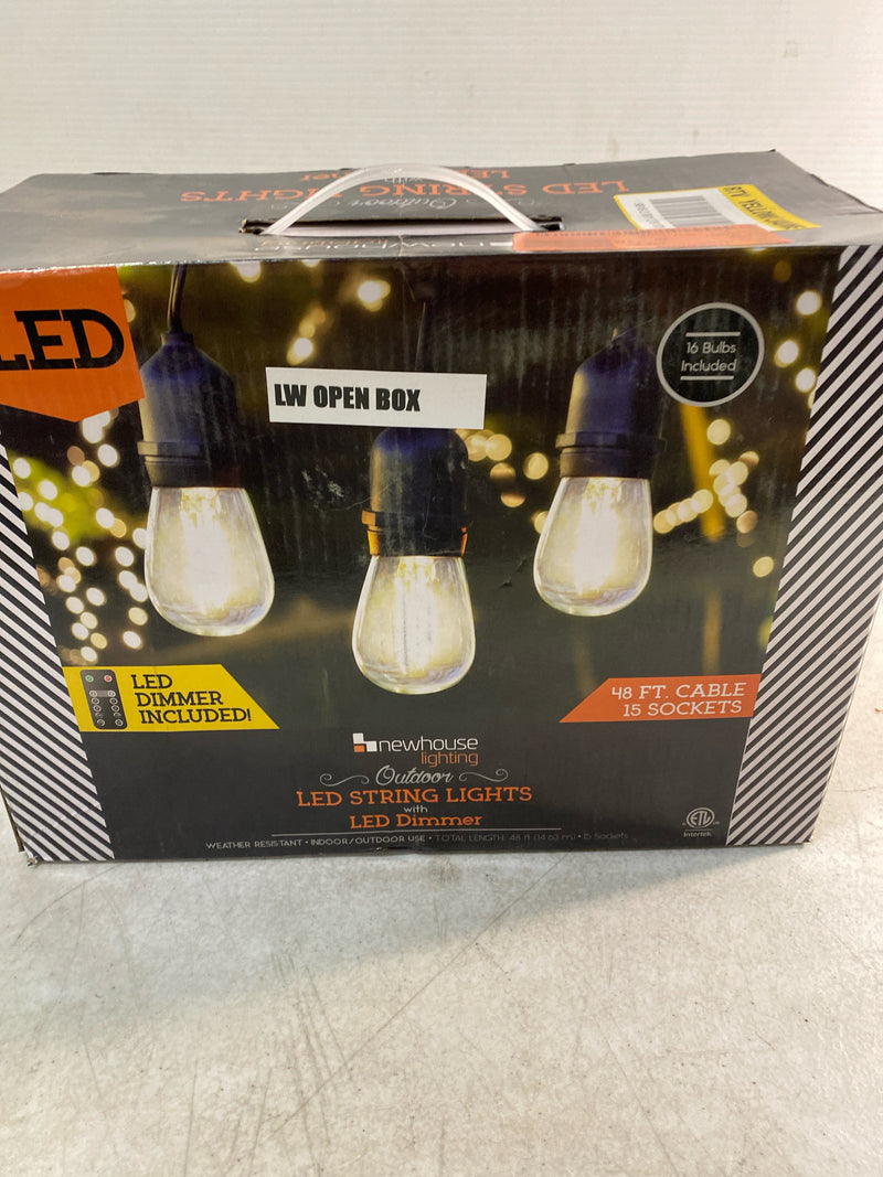 Newhouse lighting CSTRINGLEDDIM Outdoor 48 ft. Plug-In S14 Edison Bulb LED String Light with Wireless 265W Dimmer, Remote Control, Extra Bulb, Black