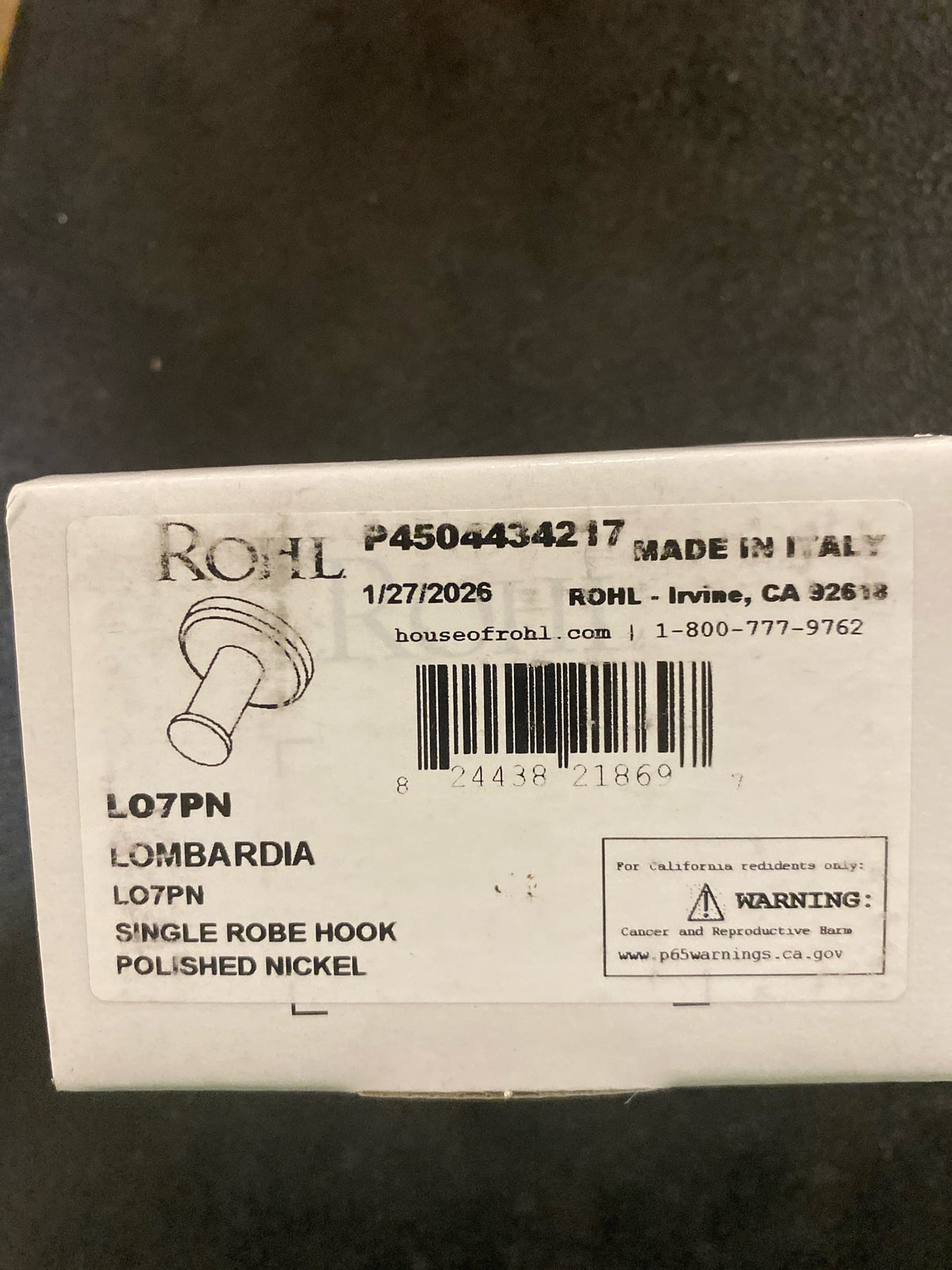 Rohl LO7PN Lombardia Single Robe Hook - Polished Nickel