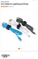 NEW Tech & Go 3 pack FAST Charging Cable 3ft iPhone iPad iPod Signature Series