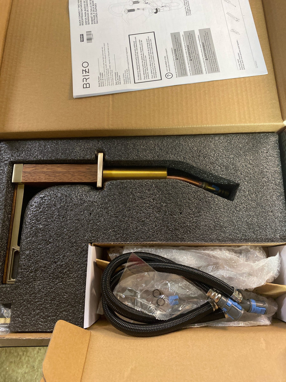 Brizo 65322LF-GLTKLHP Frank Lloyd Wright 1.2 GPM Widespread Bathroom Faucet with Side Spout Laminar Flow - Less Handles and Drain Assembly - Luxe Gold / Wood