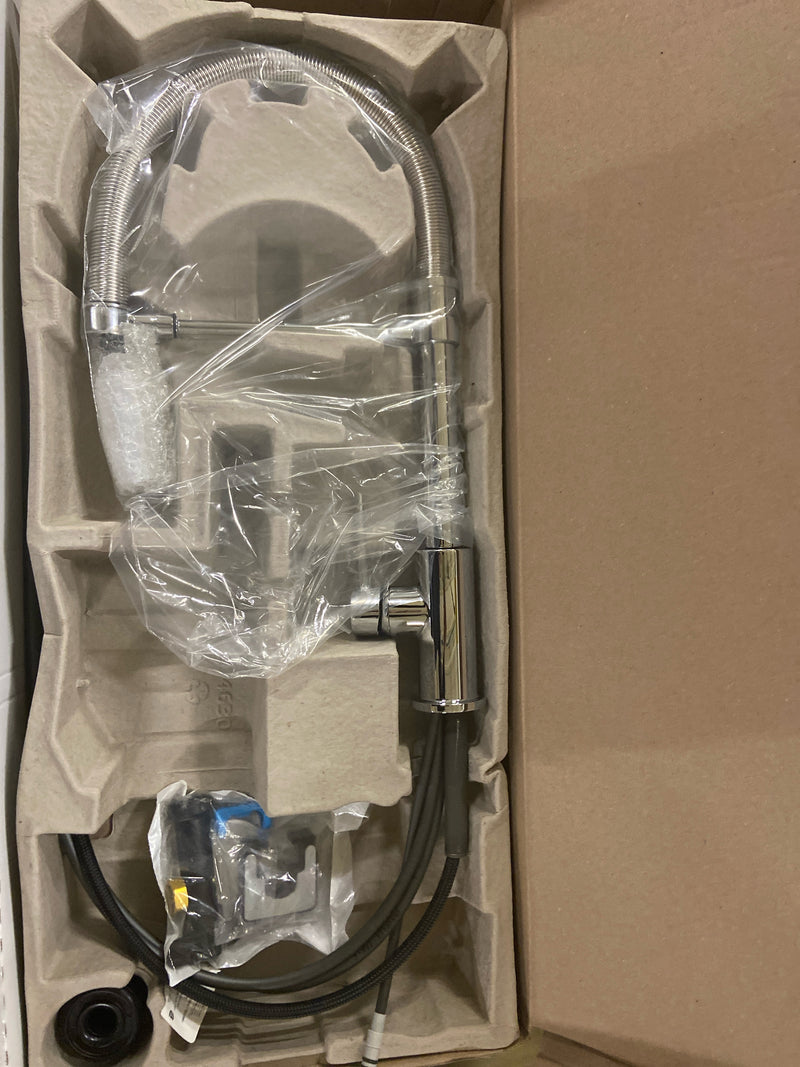 Delta Trinsic Pro Style Commercial Kitchen Faucet with Pull Down Sprayer, Chrome Single Hole Kitchen Sink Faucet, Single Handle, Chrome 9659-DST