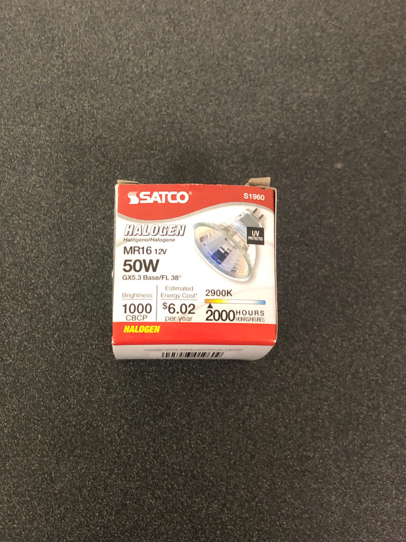 Satco Halogen Flood Lamp, Mr16, 50 Watts, 12 Volts, Mini Bipin Round, Uv Filter, 36 Degree Beam Angle