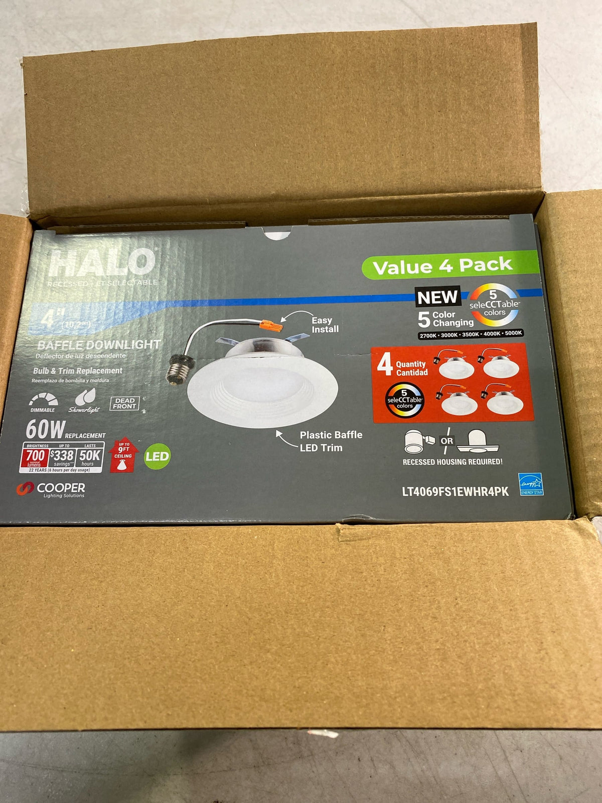 Halo LT4069FS1EWHR4PK LT 4 in. Selectable 5CCT IC Rated Indoor Integrated LED Recessed Light w/ Baffle Trim, 600 Lumens, Matte White (4-Pack)