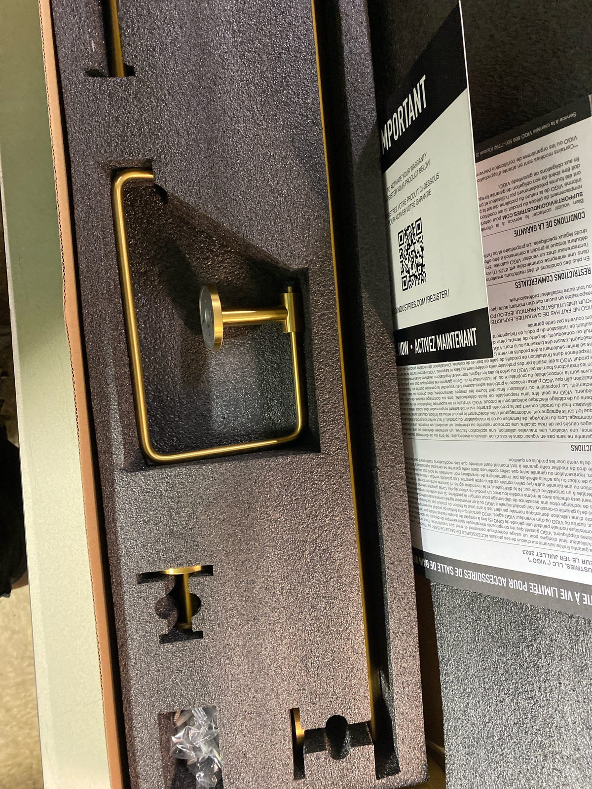 Vigo VGAC4001MG Elan 4-Piece Bath Hardware Set with 24 in. Towel Bar, Toilet Paper Holder, Hand Towel Holder, Hook in Matte Brushed Gold