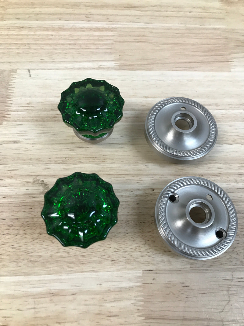 Nostalgic Warehouse 724982 Rope Solid Brass Rose Privacy Door Knob Set with Emerald Crystal Knob and 2-3/4" Backset - Satin Nickel