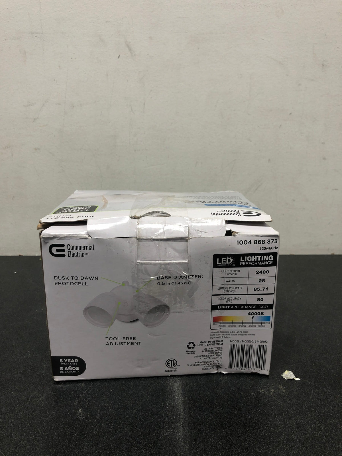 Commercial electric 51405192 Dusk to Dawn Sensor White Exterior Outdoor Twin Head LED Flood Light Security 1200 to 2400 Lumens 4000K Wet Rated