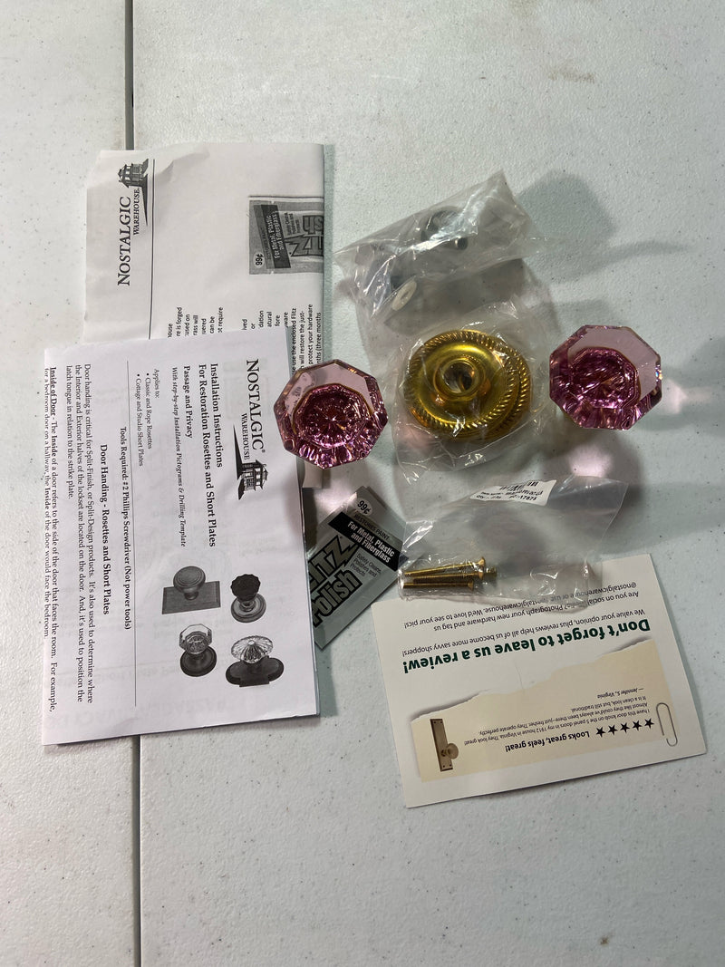 Nostalgic Warehouse 723588 Rope Solid Brass Rose Dummy Door Knob Set with Pink Waldorf Knob - Unlacquered Brass