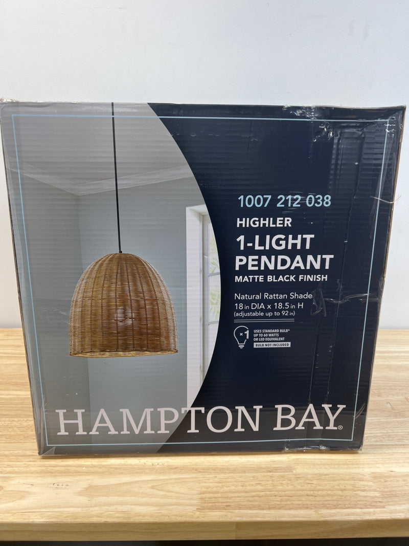 Hampton bay HD5887A3 Highler 1-Light Matte Black Island Pendant with Natural Rattan Shade