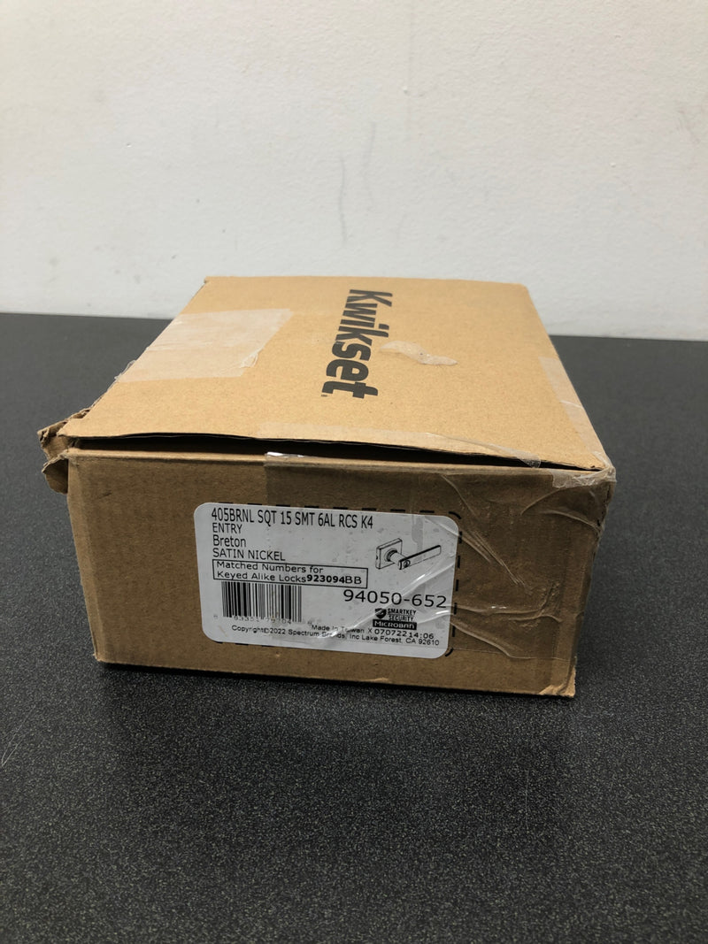 Kwikset 405BRNLSQT-15S Breton Single Cylinder Keyed Entry Door Lever Set with Square Rose - Satin Nickel