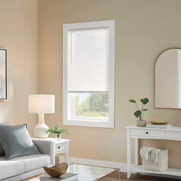 Unbranded MBLF4664W Pre-Cut 46 in. W x 64 in. L Cordless Light Filtering White Vinyl Mini Blind with 1 in. Slats