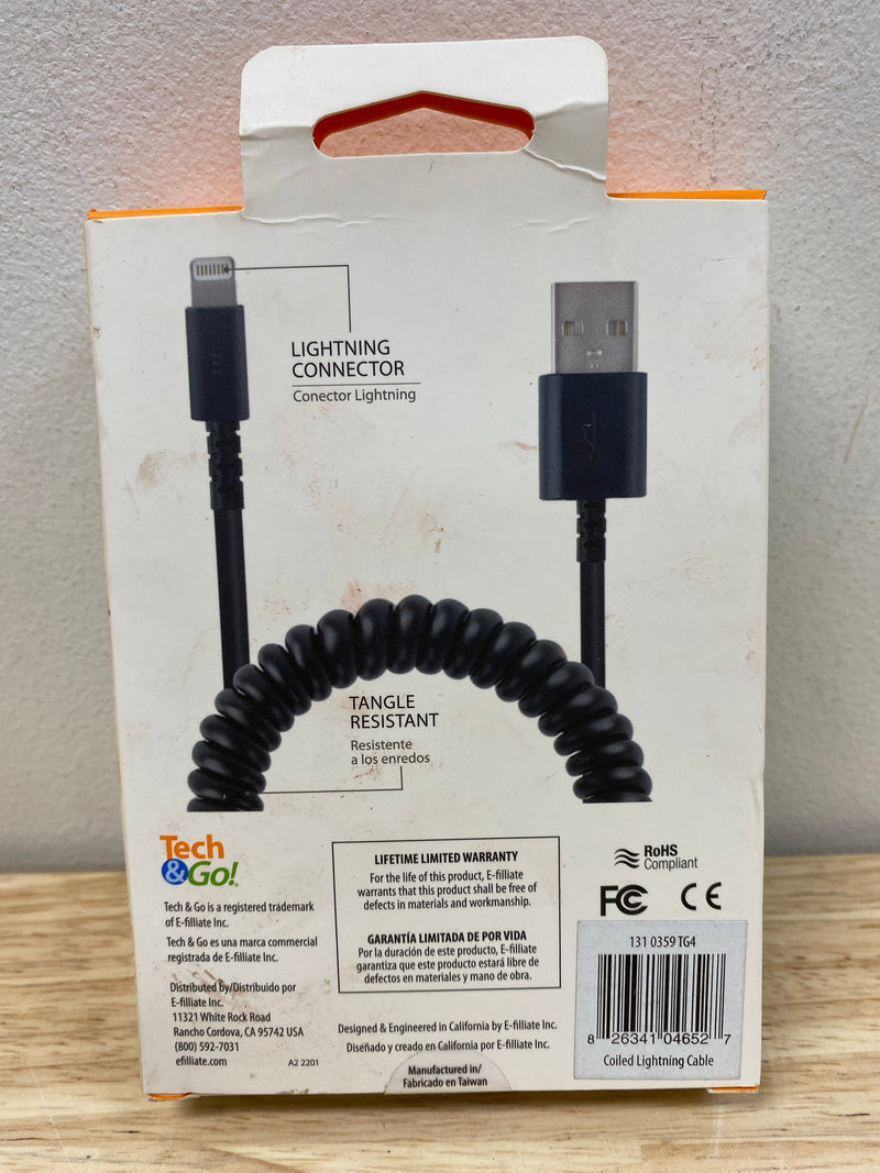 Tech and go 131 0359 TG3 3 ft. Coiled Cable for Lightning