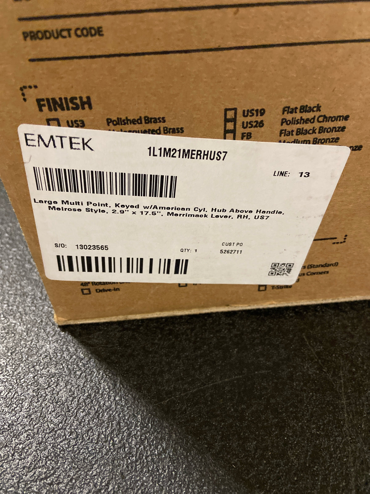 Emtek 1L1M21US7 RH Merrimack Lever Brass Modern Door Configuration 2 or 4 Keyed Entry Multi Point Trim with American Cylinder Above Handle - French Antique