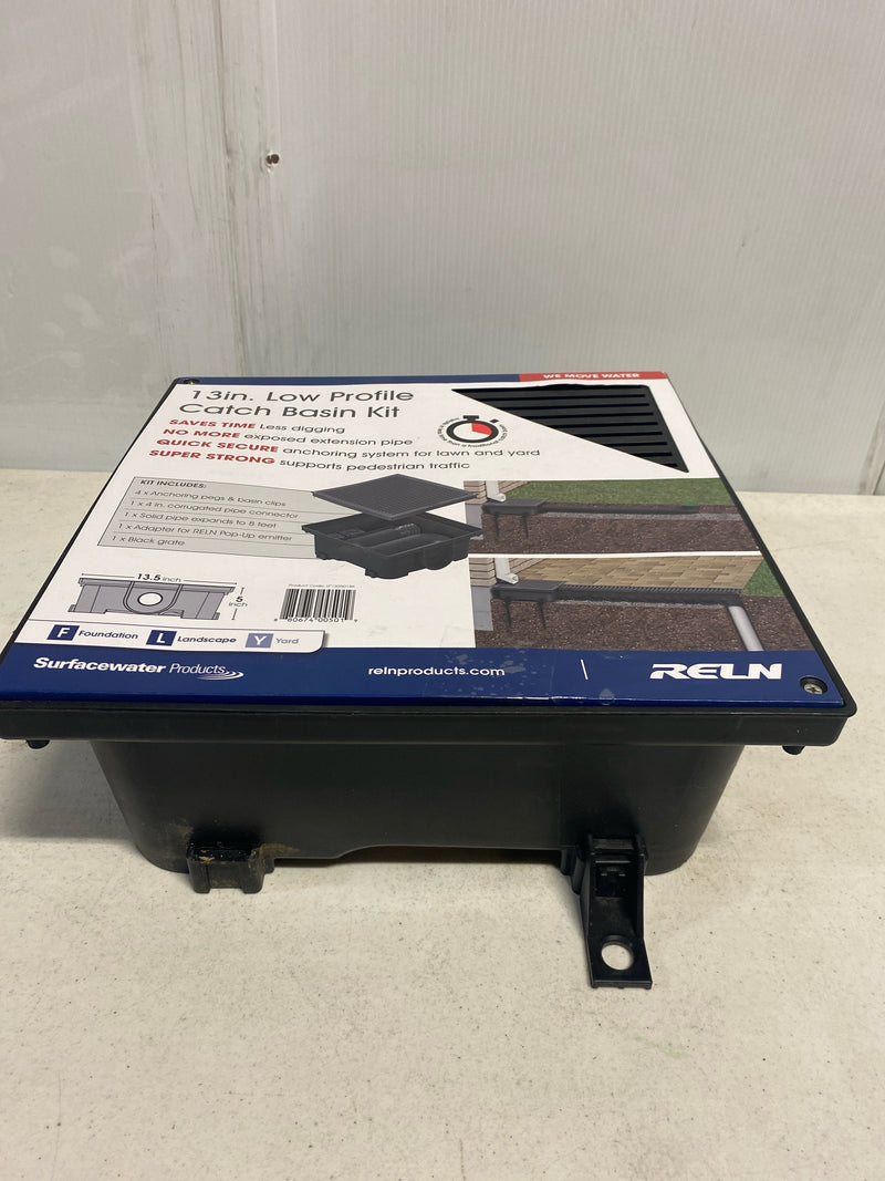 Reln LP130501BK 13 in. x 5 in. Square Low Profile Drainage Plastic Catch Basin Kit with Grate, Black