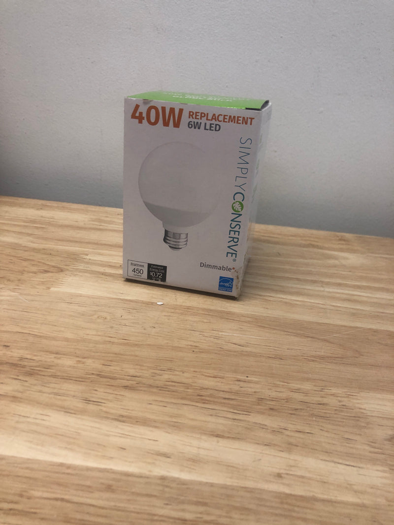 SIMPLY CONSERVE DECORATIVE GLOBE LED 6W (40W) WARM WHITE DIMMABLE BULB NEW NIB💡