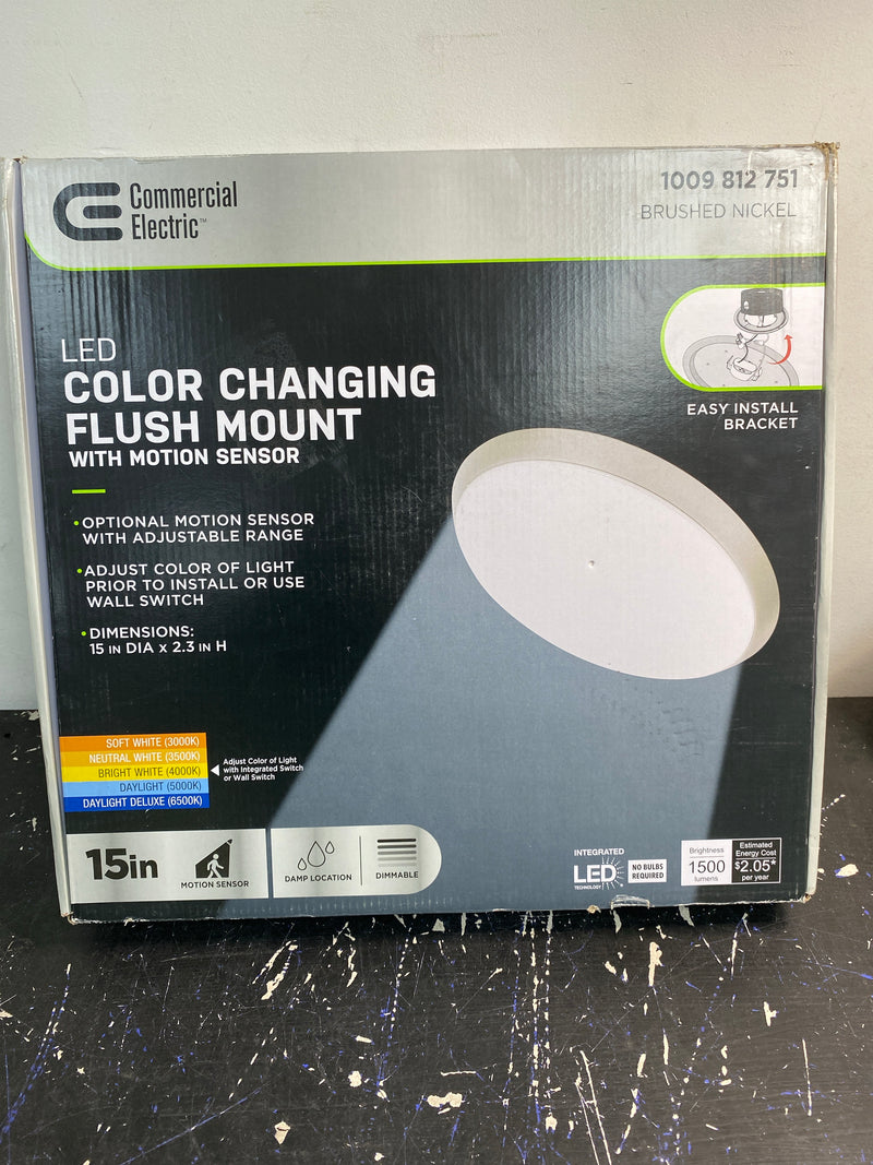 Commercial electric FM15LP6WYMMNKHD 15 in. Brushed Nickel Integrated LED Dimmable Selectable CCT Flush Mount Indoor Ceiling Light