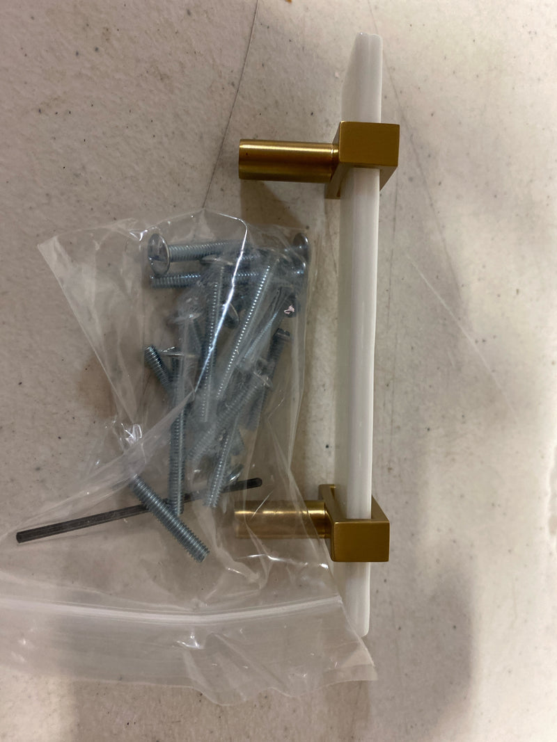 Sietto P-1901-5.5-SB Adjustable Center to Center 5-1/2 Inch Long Handle Cabinet Pull with White Glass - Satin Brass